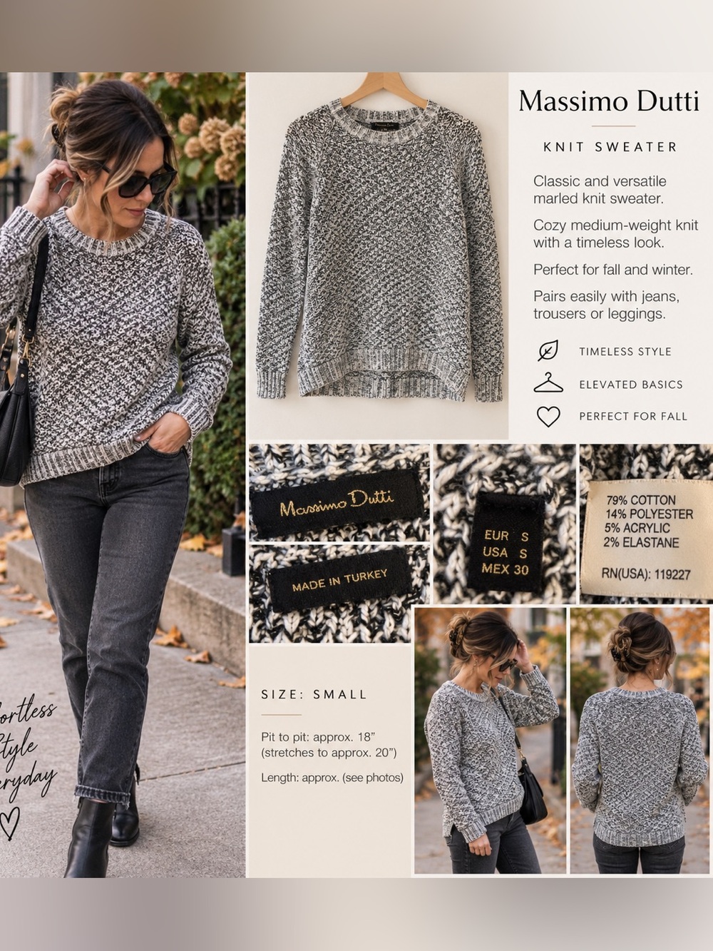 Massimo Dutti Black-and-White Marled Crewneck Sweater